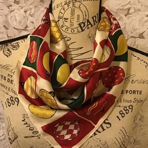Vintage Echo 100% Silk Red Yellow with White square Ornament Pattern Scarf
